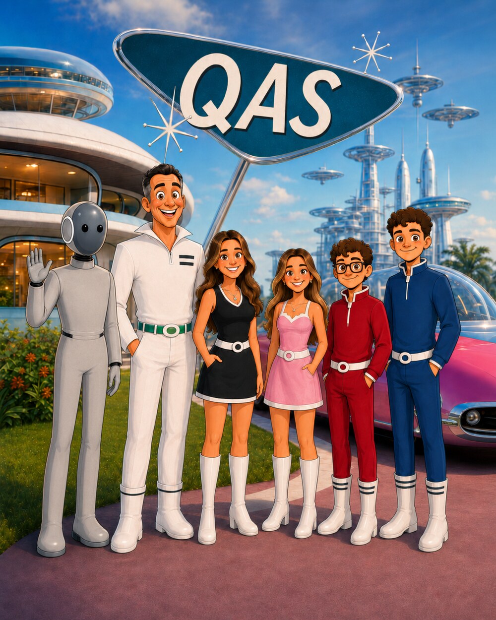 The Quantum Automated Solutions family with NEO the humanoid robot, a flying car, and the QAS sign in a retro-futuristic world