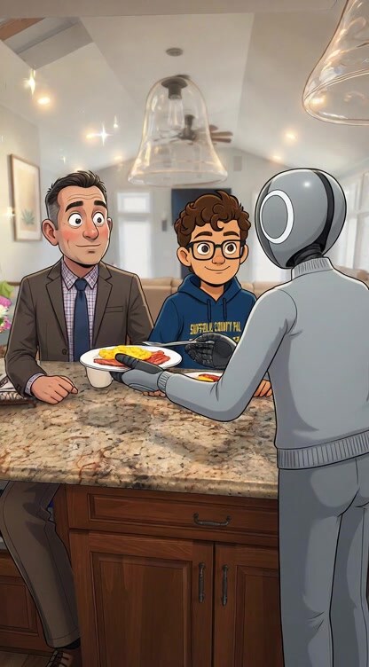Cartoon of NEO serving the family breakfast