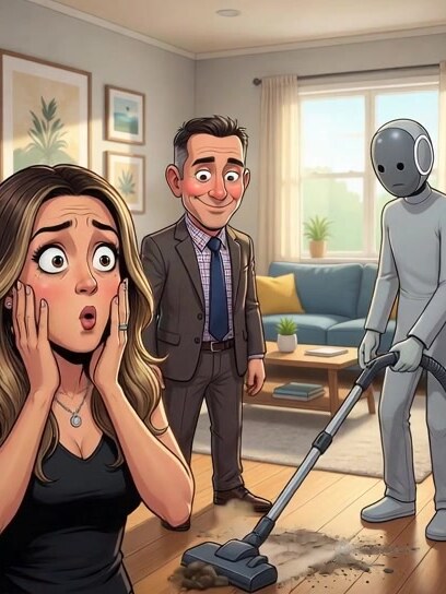 Cartoon of NEO vacuuming while the family reacts in shock