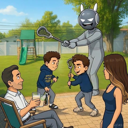 Cartoon of NEO coaching backyard lacrosse